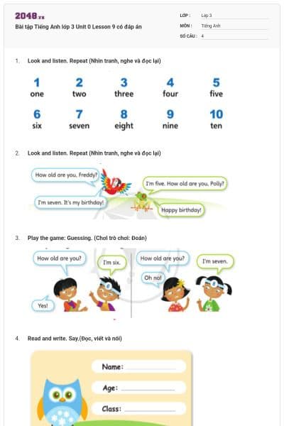 Bài tập Tiếng Anh lớp 3 Unit 0 Lesson 9 có đáp án