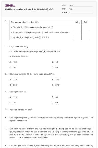 Đề kiểm tra giữa học kì 2 môn Toán 9 ( Mới nhất)_ đề 3