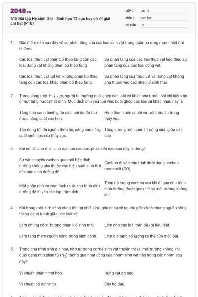 615 Bài tập Hệ sinh thái - Sinh học 12 cực hay có lời giải chi tiết (P10)