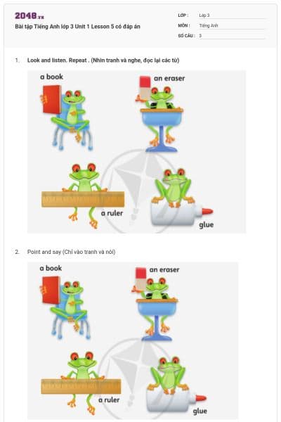 Bài tập Tiếng Anh lớp 3 Unit 1 Lesson 5 có đáp án