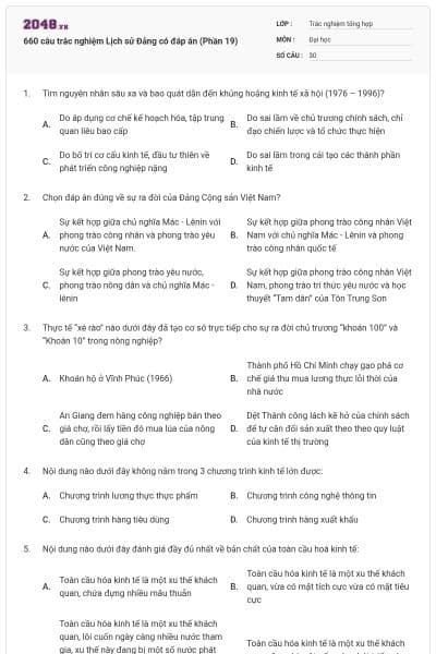 660 câu trắc nghiệm Lịch sử Đảng có đáp án (Phần 19)