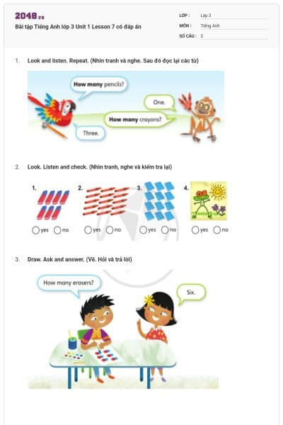 Bài tập Tiếng Anh lớp 3 Unit 1 Lesson 7 có đáp án