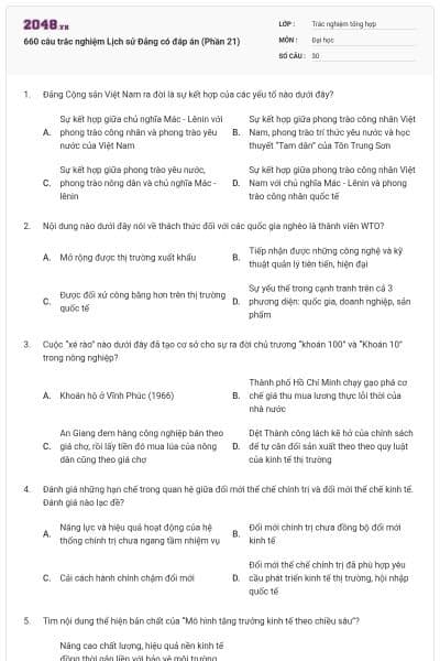 660 câu trắc nghiệm Lịch sử Đảng có đáp án (Phần 21)