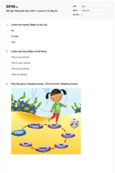 Bài tập Tiếng Anh lớp 3 Unit 1 Lesson 9 có đáp án