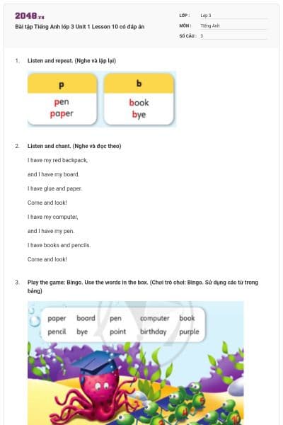 Bài tập Tiếng Anh lớp 3 Unit 1 Lesson 10 có đáp án