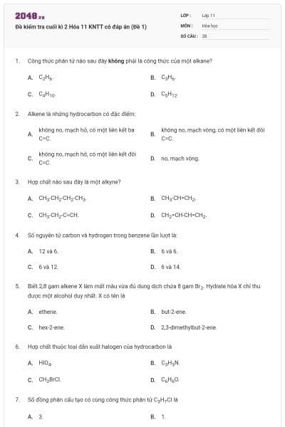 Đề kiểm tra cuối kì 2 Hóa 11 KNTT có đáp án (Đề 1)