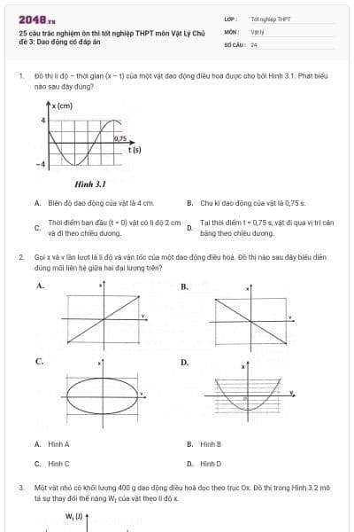 25 câu trắc nghiệm ôn thi tốt nghiệp THPT môn Vật Lý Chủ đề 3: Dao động có đáp án