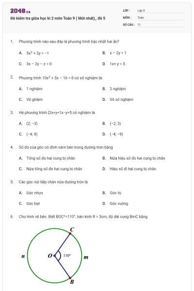 Đề kiểm tra giữa học kì 2 môn Toán 9 ( Mới nhất)_ đề 5