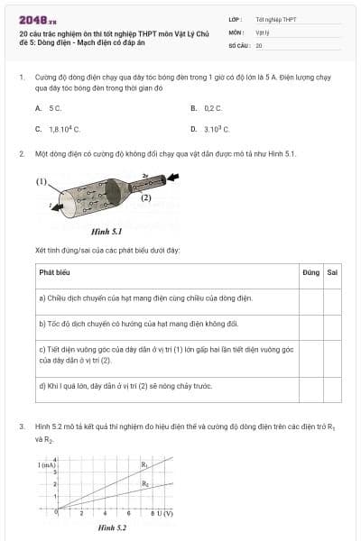 20 câu trắc nghiệm ôn thi tốt nghiệp THPT môn Vật Lý Chủ đề 5: Dòng điện - Mạch điện có đáp án