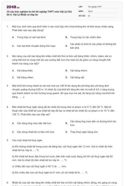 25 câu trắc nghiệm ôn thi tốt nghiệp THPT môn Vật Lý Chủ đề 6: Vật Lý Nhiệt có đáp án
