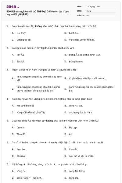 400 Bài trắc nghiệm thi thử THPTQG 2019 môn Địa lí cực hay có lời giải (P10)