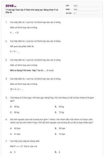 11 bài tập Toán lớp 3 Chân trời sáng tạo: Bảng nhân 9 có đáp án