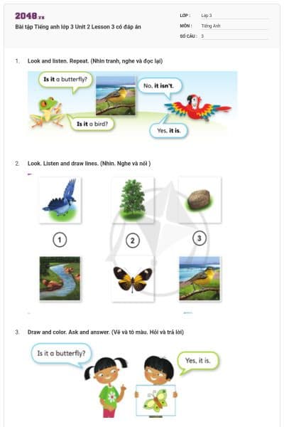 Bài tập Tiếng anh lớp 3 Unit 2 Lesson 3 có đáp án