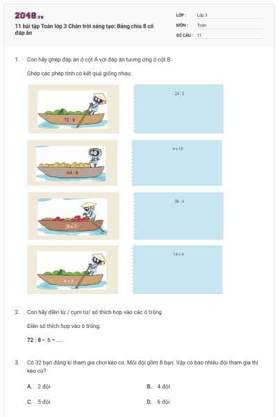 11 bài tập Toán lớp 3 Chân trời sáng tạo: Bảng chia 8 có đáp án