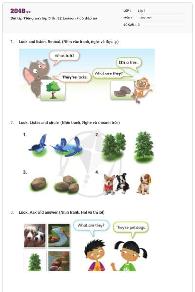 Bài tập Tiếng anh lớp 3 Unit 2 Lesson 4 có đáp án