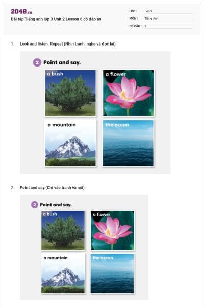 Bài tập Tiếng anh lớp 3 Unit 2 Lesson 6 có đáp án