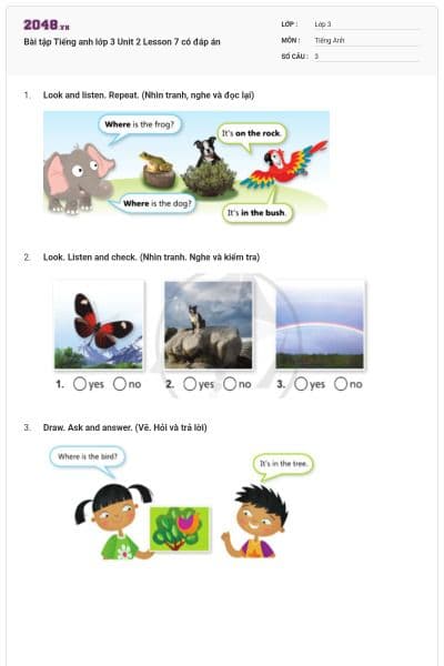 Bài tập Tiếng anh lớp 3 Unit 2 Lesson 7 có đáp án