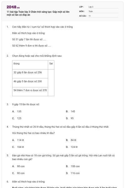 11 bài tập Toán lớp 3 Chân trời sáng tạo: Gấp một số lên một số lần có đáp án