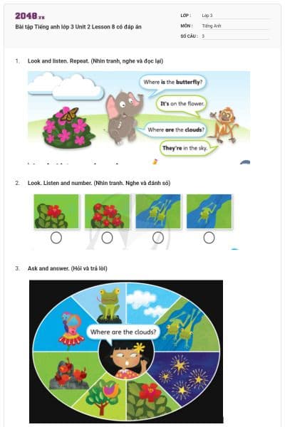 Bài tập Tiếng anh lớp 3 Unit 2 Lesson 8 có đáp án