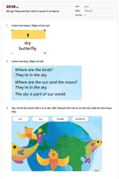 Bài tập Tiếng anh lớp 3 Unit 2 Lesson 9 có đáp án