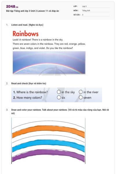Bài tập Tiếng anh lớp 3 Unit 2 Lesson 11 có đáp án