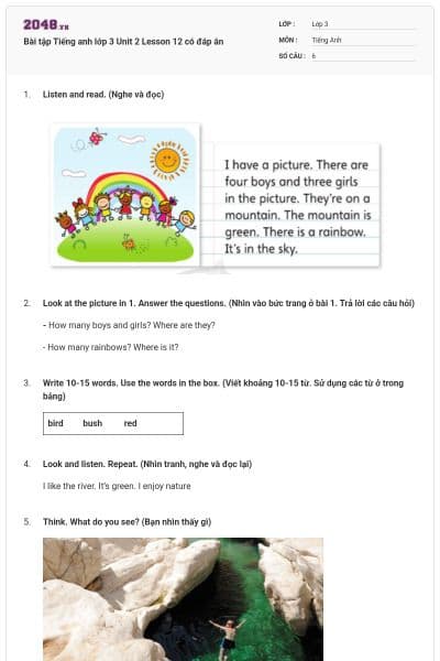 Bài tập Tiếng anh lớp 3 Unit 2 Lesson 12 có đáp án