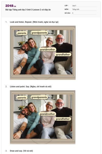 Bài tập Tiếng anh lớp 3 Unit 3 Lesson 2 có đáp án