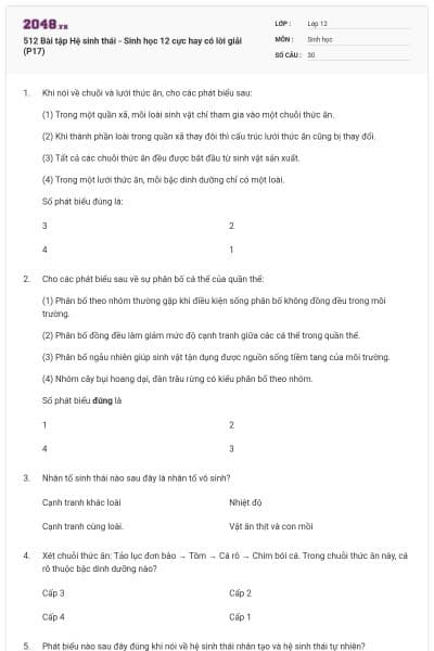 512 Bài tập Hệ sinh thái - Sinh học 12 cực hay có lời giải (P17)
