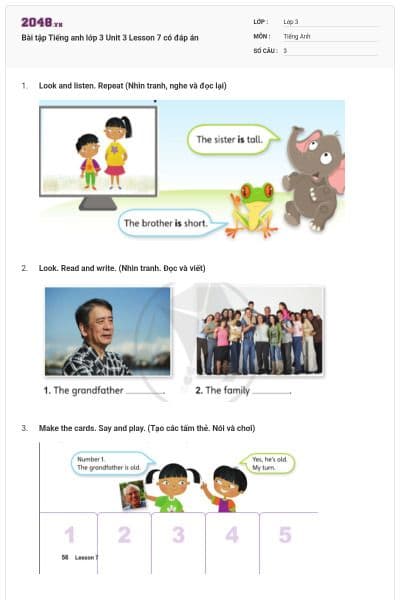 Bài tập Tiếng anh lớp 3 Unit 3 Lesson 7 có đáp án
