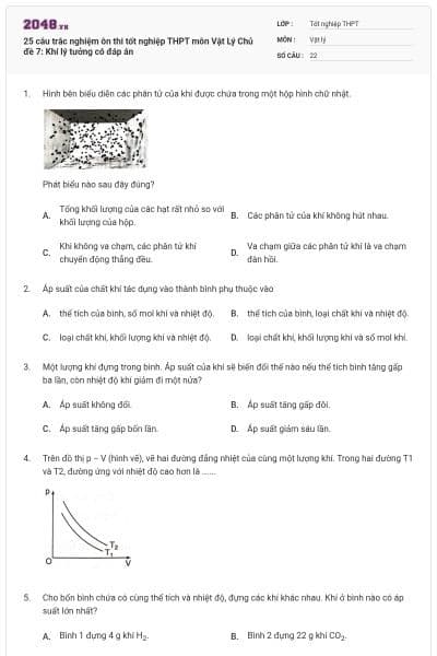 25 câu trắc nghiệm ôn thi tốt nghiệp THPT môn Vật Lý Chủ đề 7: Khí lý tưởng có đáp án