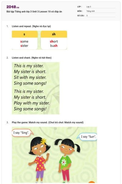 Bài tập Tiếng anh lớp 3 Unit 3 Lesson 10 có đáp án