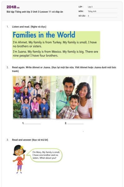 Bài tập Tiếng anh lớp 3 Unit 3 Lesson 11 có đáp án