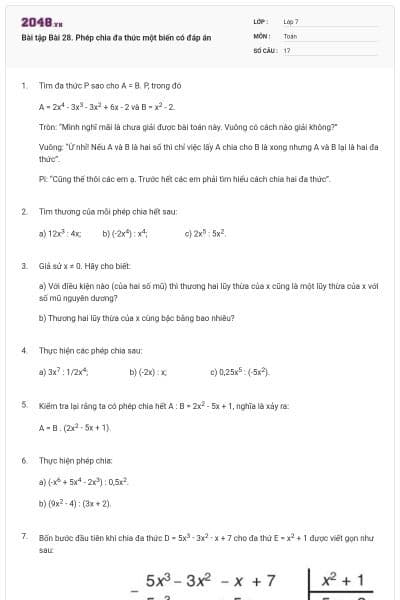 Bài tập Bài 28. Phép chia đa thức một biến có đáp án