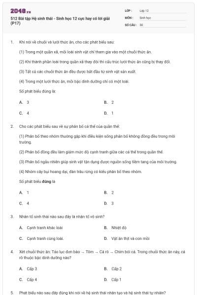 512 Bài tập Hệ sinh thái - Sinh học 12 cực hay có lời giải (P17)