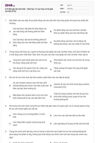 615 Bài tập Hệ sinh thái - Sinh học 12 cực hay có lời giải chi tiết (P10)