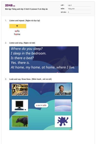 Bài tập Tiếng anh lớp 3 Unit 4 Lesson 9 có đáp án