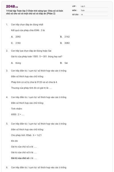 14 bài tập Toán lớp 3 Chân trời sáng tạo: Chia số có bốn chữ số cho số có một chữ số có đáp án (Phần 2)