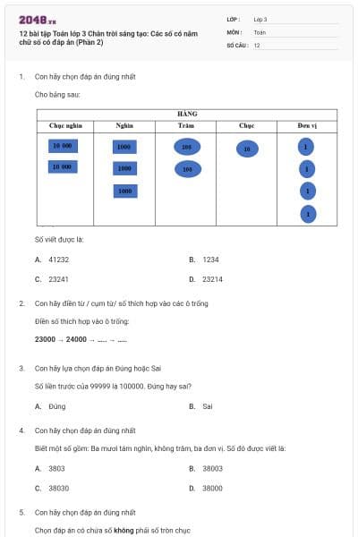 12 bài tập Toán lớp 3 Chân trời sáng tạo: Các số có năm chữ số có đáp án (Phần 2)