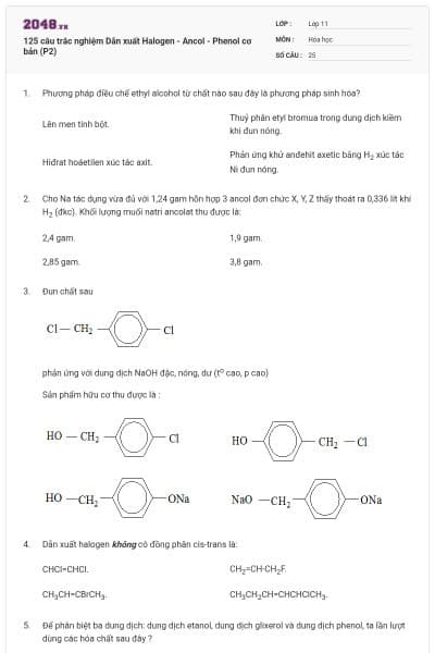 125 câu trắc nghiệm Dẫn xuất Halogen - Ancol - Phenol cơ bản (P2)