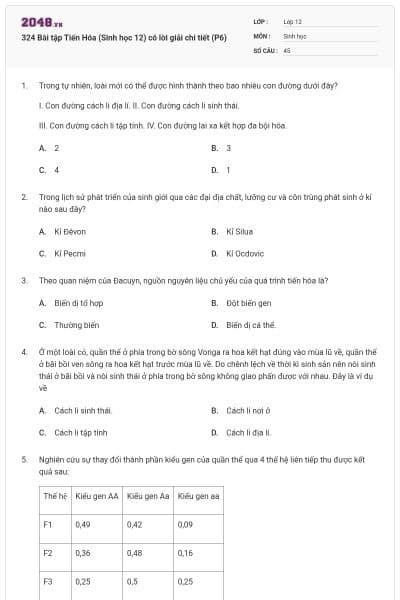 324 Bài tập Tiến Hóa (Sinh học 12) có lời giải chi tiết (P6)