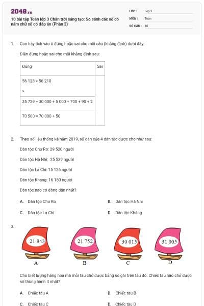 10 bài tập Toán lớp 3 Chân trời sáng tạo: So sánh các số có năm chữ số có đáp án (Phần 2)