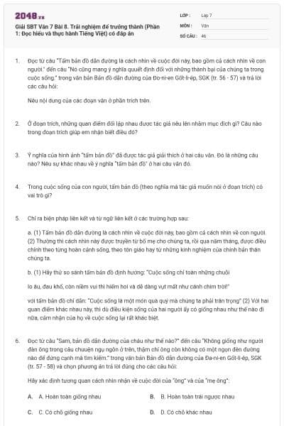 Giải SBT Văn 7 Bài 8. Trải nghiệm để trưởng thành (Phần 1: Đọc hiểu và thực hành Tiếng Việt) có đáp án