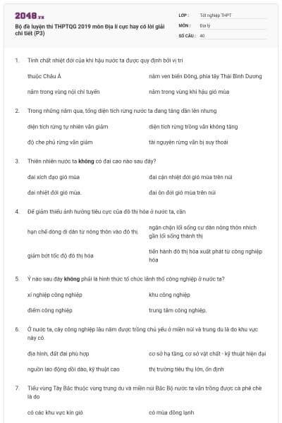 Bộ đề luyện thi THPTQG 2019 môn Địa lí cực hay có lời giải chi tiết (P3)