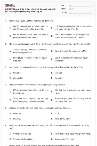 Giải SBT Lịch sử 7 Bài 1. Quá trình hình thành và phát triển của chế độ phong kiến ở Tây Âu có đáp án