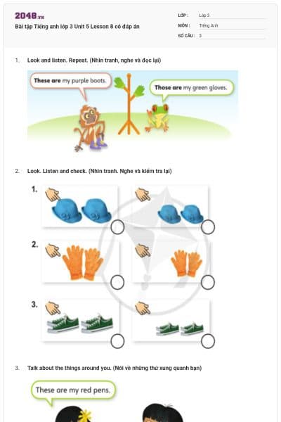 Bài tập Tiếng anh lớp 3 Unit 5 Lesson 8 có đáp án