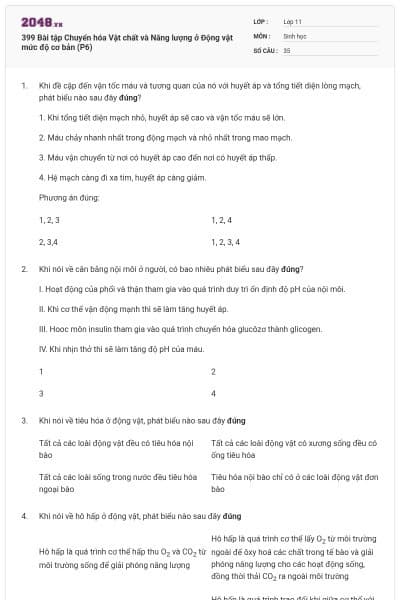 399 Bài tập Chuyển hóa Vật chất và Năng lượng ở Động vật mức độ cơ bản (P6)