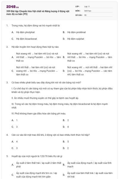 399 Bài tập Chuyển hóa Vật chất và Năng lượng ở Động vật mức độ cơ bản (P5)
