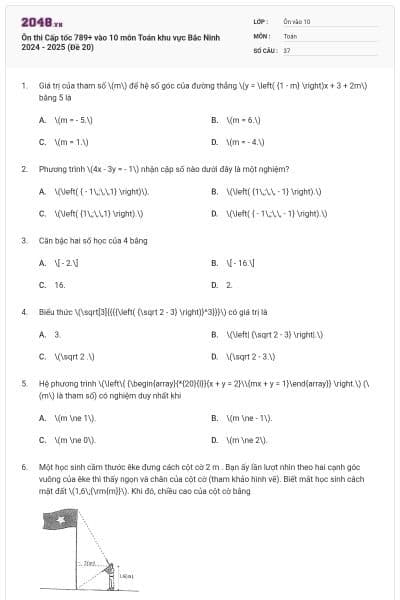 Ôn thi Cấp tốc 789+ vào 10 môn Toán khu vực Bắc Ninh 2024 - 2025 (Đề 20)