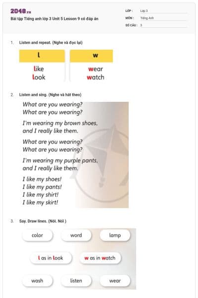 Bài tập Tiếng anh lớp 3 Unit 5 Lesson 9 có đáp án