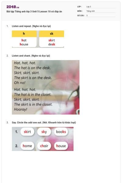 Bài tập Tiếng anh lớp 3 Unit 5 Lesson 10 có đáp án